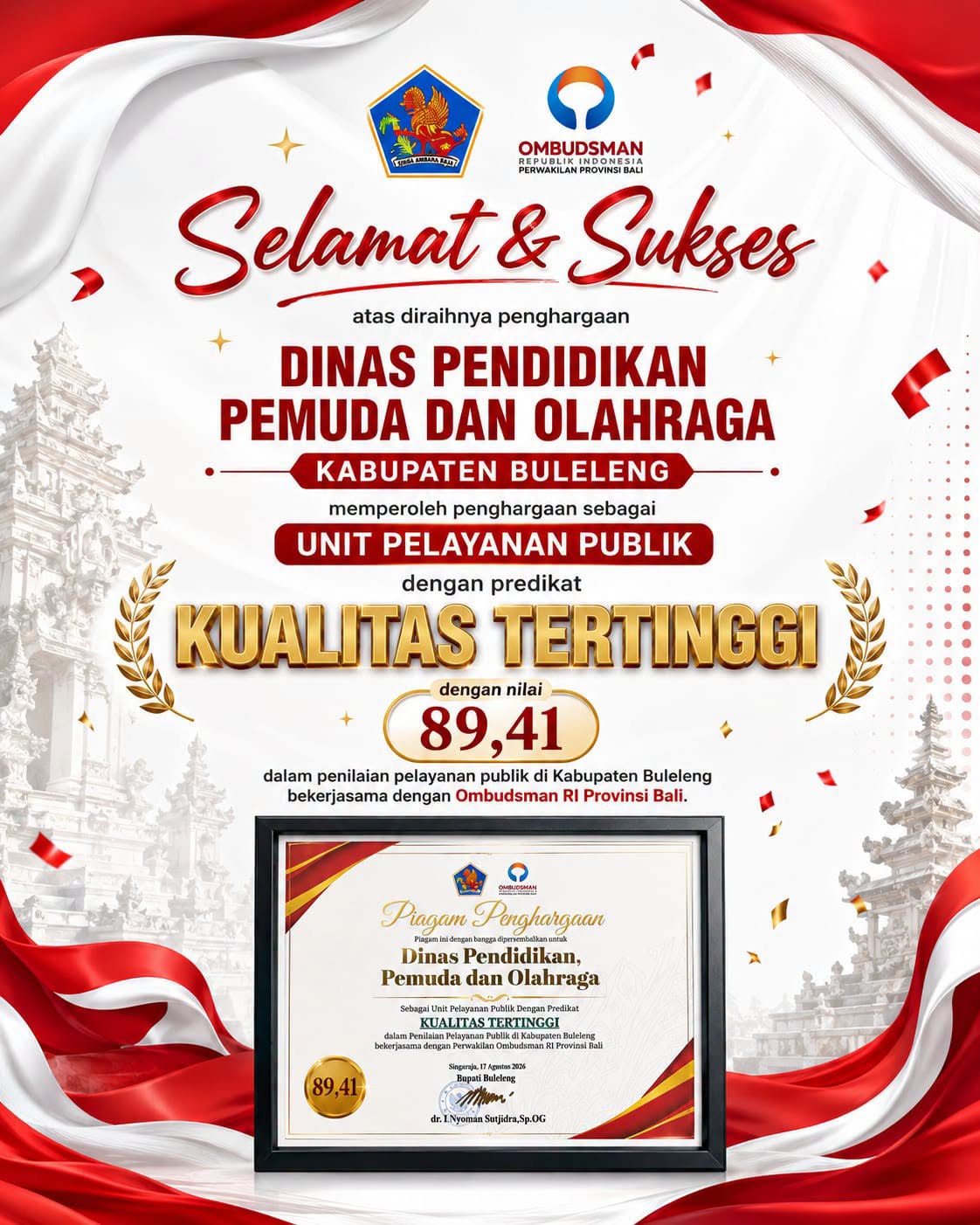 Selamat & Sukses atas Penghargaan sebagai Unit Pelayanan Publik dengan predikat KUALITAS TERTINGGI